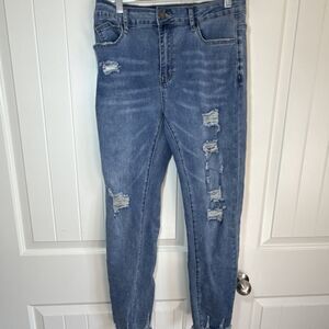 Distressed Straight Jeans Blue Denim Medium Wash Stretch Frayed Hem Women